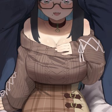 1girls, 2boys, black hair, blush, choker, clothed, dark-skinned male, dress, glasses, heart, heart-shaped pupils, imminent oral, imminent sex, interracial, large breasts