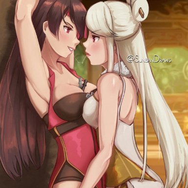 2girls, beidou (genshin impact), bondage, brown hair, genshin impact, ningguang (genshin impact), saliva, sunbandraws, tagme, white hair, yuri