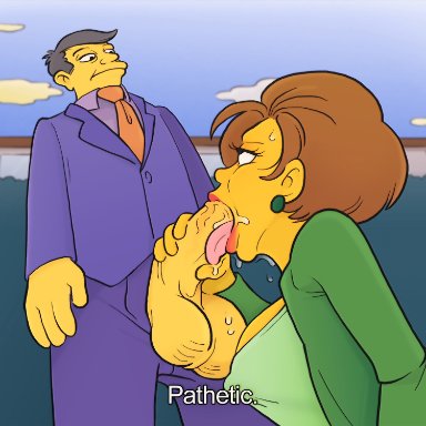 1boy, 1girls, big balls, big penis, edna krabappel, erect nipples, fellatio, looking down, looking up, meme, nipple bulge, oral, pathetic (meme), penis, saliva