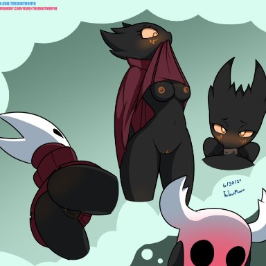 1girls, anus, areolae, ass, belly button, black body, blowjob, blush, blush, breasts, clitoris, cloak, hands on head, hollow knight, hornet (hollow knight)