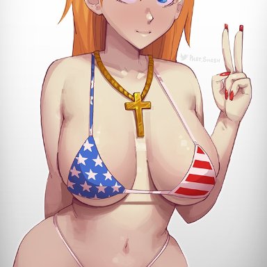 1girls, 4th of july, american flag, american flag bikini, arms behind back, asuka langley sohryu, bikini, blue eyes, breasts focus, female, female focus, female only, flag, fourth of july, ginger hair