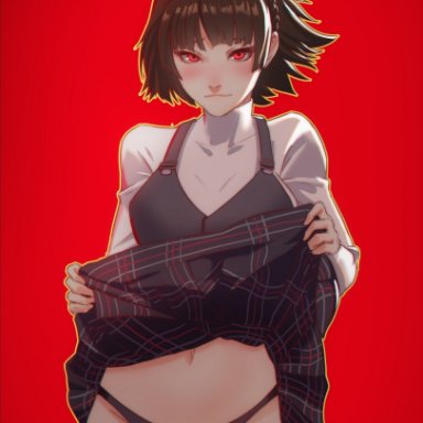 belly, belly button, black hair, blush, clothing, exposing, female, female only, looking at viewer, makoto niijima, panties, persona, persona 5, pomelomelon, red eyes