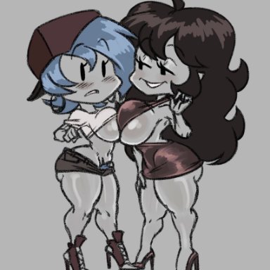 blue hair, blush, blushing, boyfriend (friday night funkin), friday night funkin, girlfriend (friday night funkin), hat, high heels, pubic hair peek, red dress, rule 63, seductive smile, shorts, suprised face, underboob