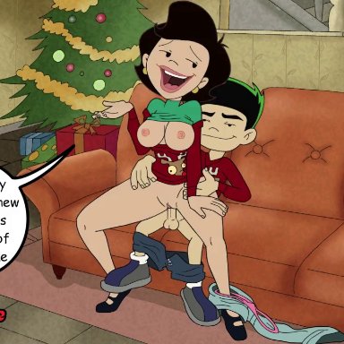 1boy, 1girls, american dragon: jake long, animated, big breasts, black hair, breasts, christmas, christmas outfit, earrings, english text, female, hands on hips, happy, high heels