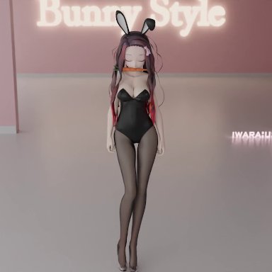 1girl, 3d, animal ears, animated, areolae, ass, black hair, bouncing breasts, breasts, carrot, cleavage, cleft of venus, clothes falling off, dancing, demon slayer