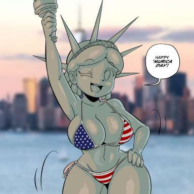 american flag, american flag bikini, anthro, big breasts, bikini, bikini bottom, bikini top, breasts, color, dialogue, green skin, hand on hip, joaoppereiraus, one eye closed, statue of liberty