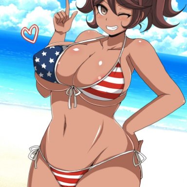 1girls, 4th of july, american flag, american flag bikini, beach, big ass, big breasts, big butt, brown eyes, brown hair, danganronpa, danganronpa 2: goodbye despair, dark-skinned female, dark skin, female