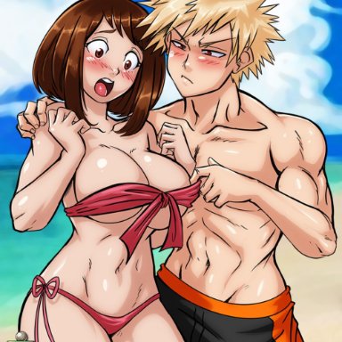 bathing suit, big breasts, bikini top, blonde hair, boxers, breasts, brown hair, kacchako, katsuki bakugou, my hero academia, ochako uraraka