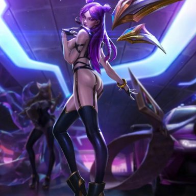 ahri, breasts, garter straps, gloves, high heels, k/da kai'sa, k/da series, league of legends, legs, long hair, looking at viewer, purple eyes, purple hair, richtofen, standing