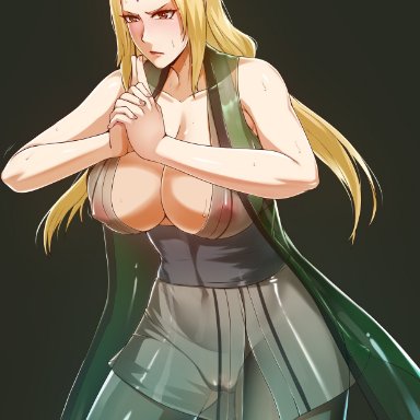 1girls, alternate costume, areolae, bare arms, bare shoulders, big breasts, blonde hair, brown eyes, cleavage, closed mouth, clothed, clothing, collarbone, concentration, cropped legs