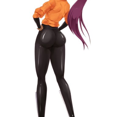 ass, bleach, dark-skinned female, female, kaos art, long hair, looking at viewer, looking back, ponytail, purple hair, shihouin yoruichi, shiny clothes, simple background, solo, standing