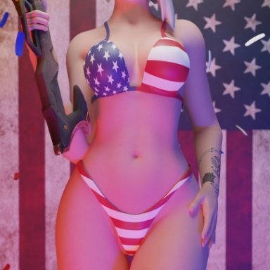 3d, 4th of july, american flag, american flag bikini, ashe (overwatch), gelzy, overwatch, pinup, solo, solo female, white hair