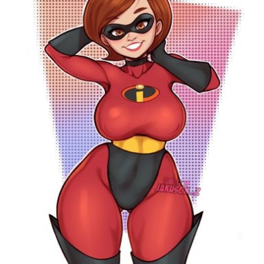 ass visible through thighs, big breasts, bodysuit, brown hair, curvy, elastigirl, gloves, helen parr, jakuson z, long boots, long gloves, nipple bulge, smile, tagme, the incredibles