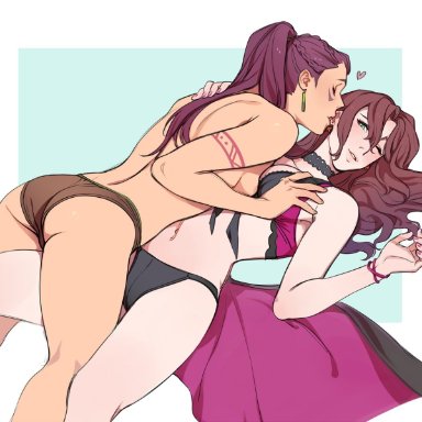 2girls, alternate costume, ass, asymmetrical docking, back, bare back, brown bikini, brown hair, brown swimsuit, dark-skinned female, dark skin, dorothea arnault, ear kiss, earrings, fire emblem