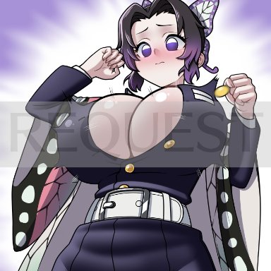 big breasts, black hair, blush, bursting breasts, butterfly hair ornament, cleavage, demon slayer, embarrassed, eron, female, female only, kimetsu no yaiba, kochou shinobu, looking down, popped button