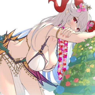 1girls, alternate costume, ass, bare midriff, bent over, bikini, butt crack, cleavage, colored inner hair, fire emblem, fire emblem heroes, flower, freyja (fire emblem), gonzarez, grey hair