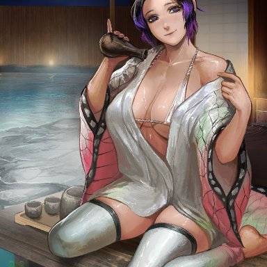 big breasts, bikini, black hair, demon slayer, female, female only, hot spring, kimetsu no yaiba, kochou shinobu, nextoad, onsen, open clothes, pouring on self, purple eyes, solo