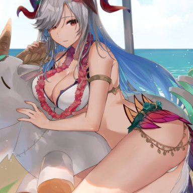 1girls, alternate costume, armlet, ass, bare shoulders, beach, bikini, blue hair, blue sky, breasts, cleavage, closed mouth, cloud, commentary request, curled horns