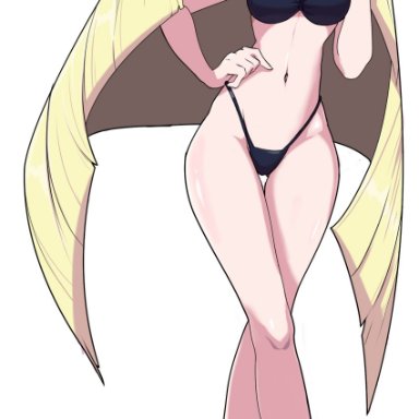 1girls, absurdres, alternate costume, bangs, bare arms, bikini, black bikini, black choker, blonde hair, breasts, choker, cleavage, commentary, creatures (company), english commentary