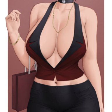 1girls, absurdres, bangs, bare shoulders, black hair, black pants, blush, bracelet, breasts, center opening, choker, cleavage, collarbone, collared shirt, female