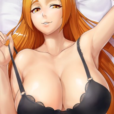 1girls, armpits, bare shoulders, bed, bed sheet, black bra, black underwear, bleach, blush, bra, breasts, exposed breasts, female, high resolution, huge breasts