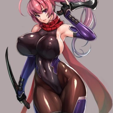 ahoge, bare shoulders, bodysuit, dual wielding, huge breasts, impossible clothes, kunoichi, leotard, long hair, looking at viewer, ninja, original, pink hair, ponytail, purple hair