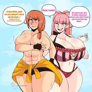 2girls, abs, alternate breast size, alternate costume, assisted exposure, belly button, big breasts, bikini, bluueygooey, breasts, cleavage, covering, covering breasts, dark skin, embarrassed