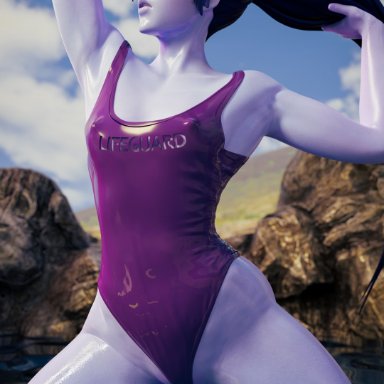 female, kotofeichow, one-piece swimsuit, overwatch, purple skin, solo, swimsuit, water, widowmaker