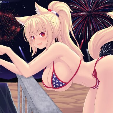 1girls, 2021, 4th of july, american flag bikini, artist signature, ass, ass up, bare legs, bending over, bikini, blonde hair, blush, breasts, cat ears, cat tail