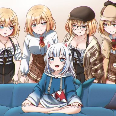 5girls, absurdres, alternate costume, animal ears, bangs, blonde hair, blue eyes, blue hair, blue hoodie, blunt bangs, breasts, cat ears, cleavage, collarbone, couch