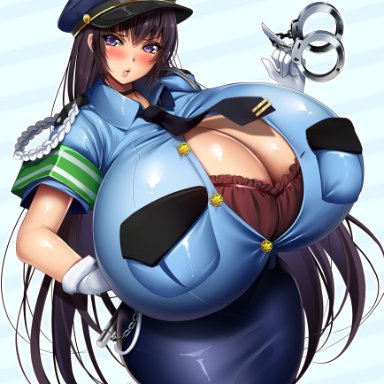 1girls, big breasts, blush, blush, breasts, breasts bigger than head, bursting breasts, buttons, cleavage, gigantic breasts, gloves, handcuffs, huge breasts, hyper breasts, immoral advent devilcarnival