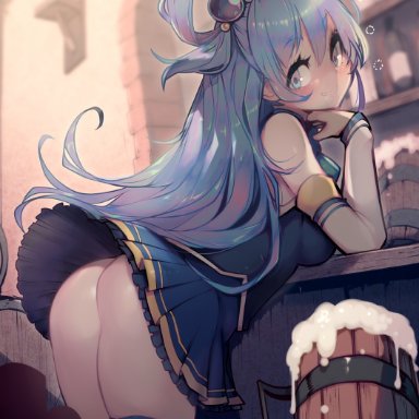 1girls, 2021, aqua (konosuba), ass, bar, beer, blue eyes, blue hair, blush, drunk, exposed ass, goddess, hair ornament, kono subarashii sekai ni shukufuku wo!, looking back