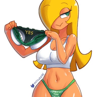 bare thighs, blonde hair, breasts, clothes removed, clothes writing, clothing, green eyes, hair over one eye, highleg panties, hourglass figure, koopa, koopa girl, large breasts, long hair, mario (series)