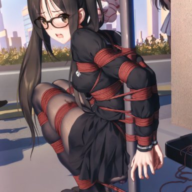 bondage, bound, bound ankles, bound arms, bound hands, bound legs, bound to pole, bound wrists, dripping, dripping pussy, dripping wet, fate/grand order, glasses, loafers, pigtails