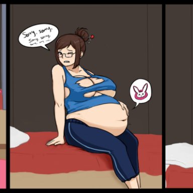big breasts, breast expansion, brown hair, cleavage, d.va, digestion, english text, female only, glasses, hair pin, huge breasts, kainan, laying on bed, lingerie, mei (overwatch)
