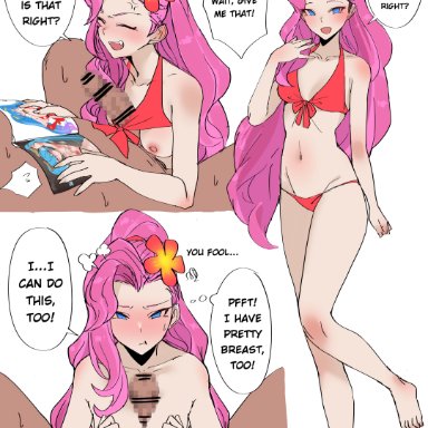 bikini, blue eyes, book, breasts, dark-skinned male, dark skin, erection, hudak, interracial, league of legends, paizuri, penis, pink hair, reading, seraphine (league of legends)