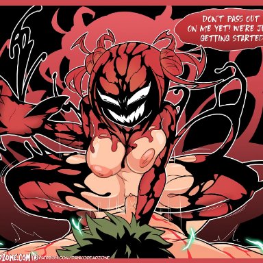 big breasts, carnage, carnage (marvel), claws, cowgirl position, crossover, dankodeadzone, female, femdom, functionally nude, green hair, himiko toga, humanoid, izuku midoriya, male/female