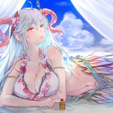 1boy, ahoge, alternate costume, armlet, bangs, bare shoulders, beach, bikini, blue sky, breasts, cleavage, cloud, commentary request, curled horns, curtains