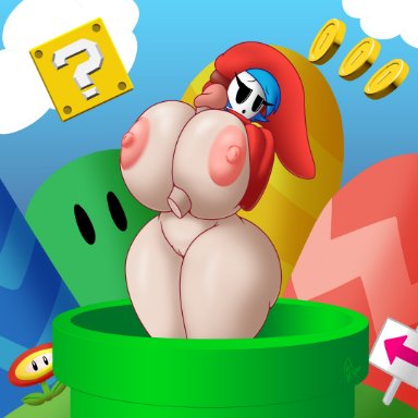 1girls, areolae, background, big breasts, big penis, blue hair, boobjob, breasts, female, huge breasts, large ass, large breasts, long sleeves, mario (series), mask