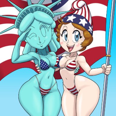 2girls, 4th wall breaking, american flag, american flag bikini, anthro, bikini, female, female only, humanized, statue of liberty, tansau, thick thighs, tortoisesensei, wide hips