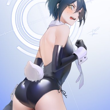 ass, ass focus, back view, blue background, blue hair, blush, bunny boy, bunny ears, bunny tail, bunnysuit, color, colored, danganronpa, danganronpa v3, femboy