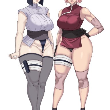 2girls, angry, big breasts, blush, boruto: naruto next generations, cyberboi, high heels, hyuuga hinata, milf, naruto, naruto shippuden, pubic hair, sakura haruno, thick, thick thighs