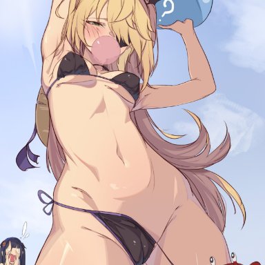 2girls, ?, armpits, arms up, bare arms, bare shoulders, bikini, black bikini, blonde hair, breasts, bubble blowing, cameltoe, chewing gum, cleft of venus, crab