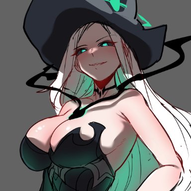1girls, big breasts, clothed, green eyes, hat, hudak, league of legends, long hair, looking at viewer, miss fortune, ruined king symbol, ruined miss fortune, simple background, smile, solo