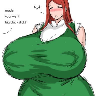 1girls, arms behind back, artist request, bbw, big breasts, blush, busty, clothed, clothing, curvaceous, curvy, curvy figure, dialogue, dress, english text
