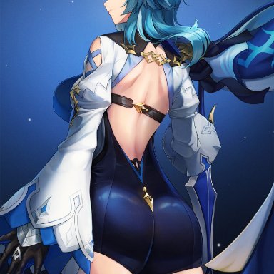 ass, bare shoulders, blue hair, blush, boots, breasts, cape, eula (genshin impact), female, from behind, genshin impact, gloves, hairband, large breasts, leotard