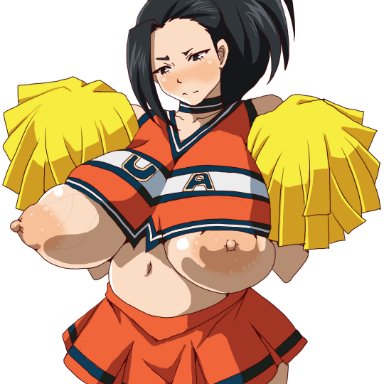 big breasts, black hair, cheerleader, exposed breasts, hi res, huge breasts, momo yaoyorozu, my hero academia, pom poms, sacaprico, sagging breasts, solo, solo female, wardrobe malfunction