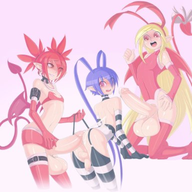 1boy, 2futas, balls, breasts, cum, disgaea, ejaculation, erection, etna, female, flat chest, flonne, flonne (fallen angel), full-package futanari, futa on male