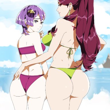 2girls, ass, bernadetta von varley, big ass, bikini, clothed female, earrings, female/female, female only, fire emblem, fire emblem: three houses, green bikini, green swimsuit, grey eyes, hand on hip