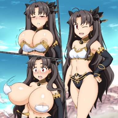 1girls, abridged-satoko, alternate breast size, blush, breast expansion, breasts, convenient censoring, fate/grand order, fate (series), gigantic breasts, huge breasts, ishtar (fate/grand order), tohsaka rin